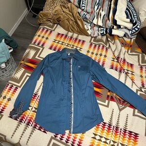 Cinch Teal Button-Up Shirt with Patterned Trim